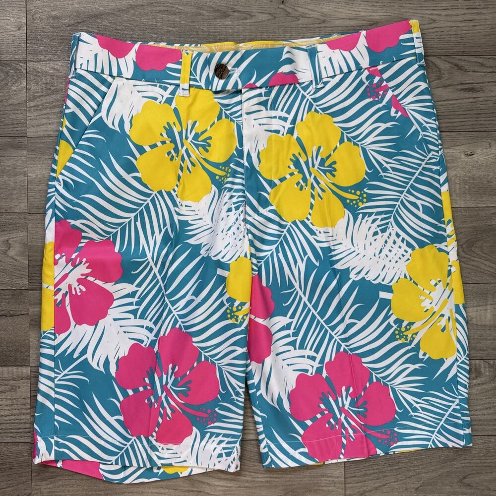 Loudmouth Golf Heritage Shorts Castaway Print Yellow Blue sz 34
